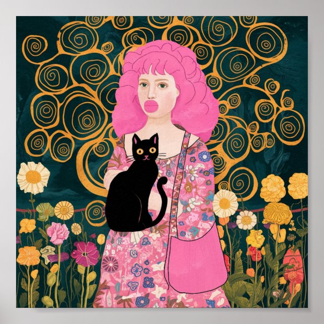 Pink Bubble Gum Lady with Gustav Klimt Cat Art Poster (Front)
