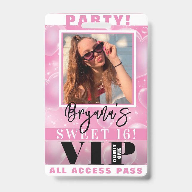 Pink Bubble Hearts Birthday Party VIP Pass Badge (Front)