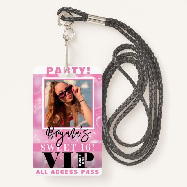 Pink Bubble Hearts Birthday Party VIP Pass Badge (Front with Lanyard)