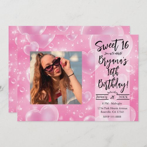 Pink Bubble Hearts Cute Girly 90s Birthday Party Invitation