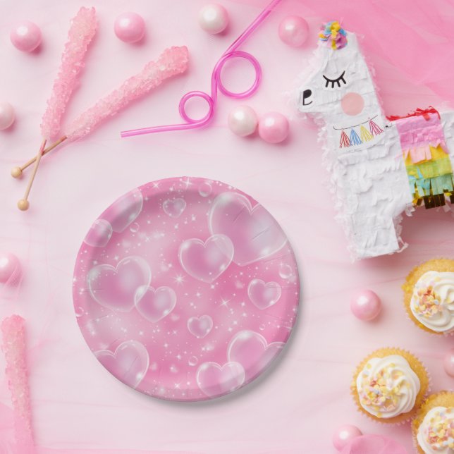 Pink Bubble Hearts Cute Girly 90's Style Birthday Paper Plates (Party)