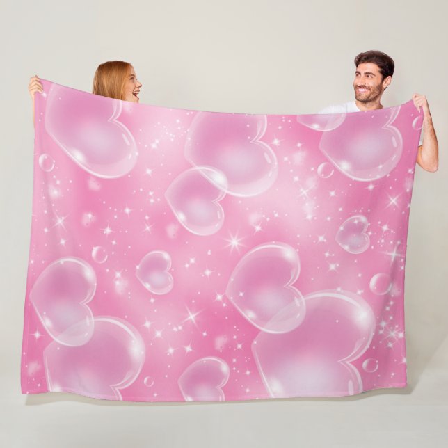Pink Bubble Hearts Cute Girly 90's Style Fleece Blanket (In Situ)