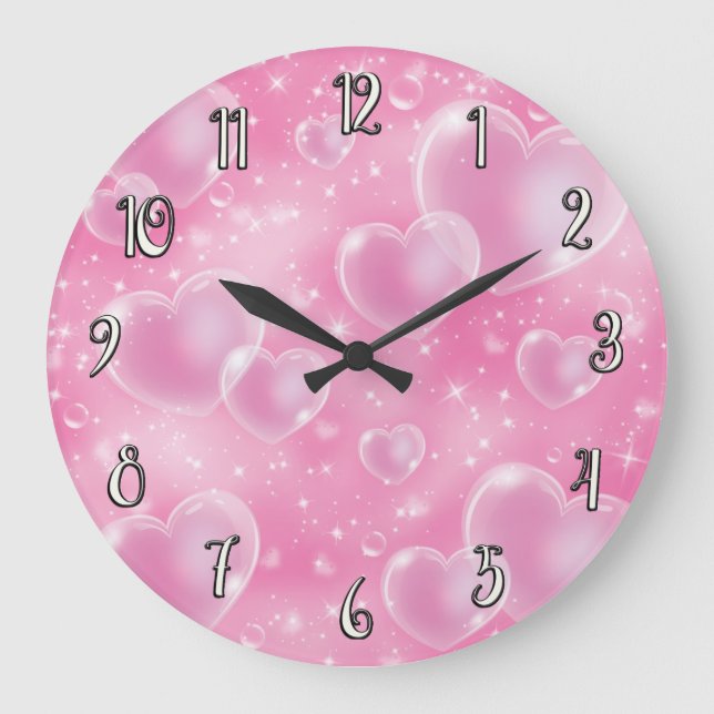 Pink Bubble Hearts Cute Girly 90's Style Large Clock (Front)