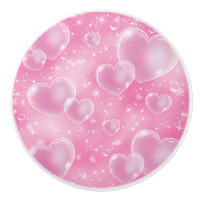 Pink Bubble Hearts Cute Girly Ceramic Knob (Front)