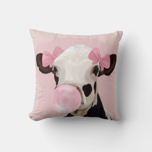 Pink Bubblegum Blowing Cow with Bow Accents Throw Pillow