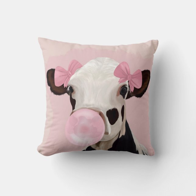 Pink Bubblegum Blowing Cow with Bow Accents Throw Pillow (Front)