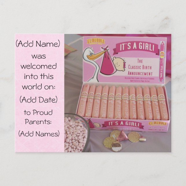 Pink Bubblegum Cigar Baby Girl Announcement (Front)