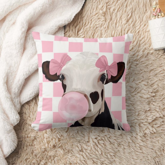 Pink Bubblegum Cow Checkerboard Pattern Background Throw Pillow (Blanket)