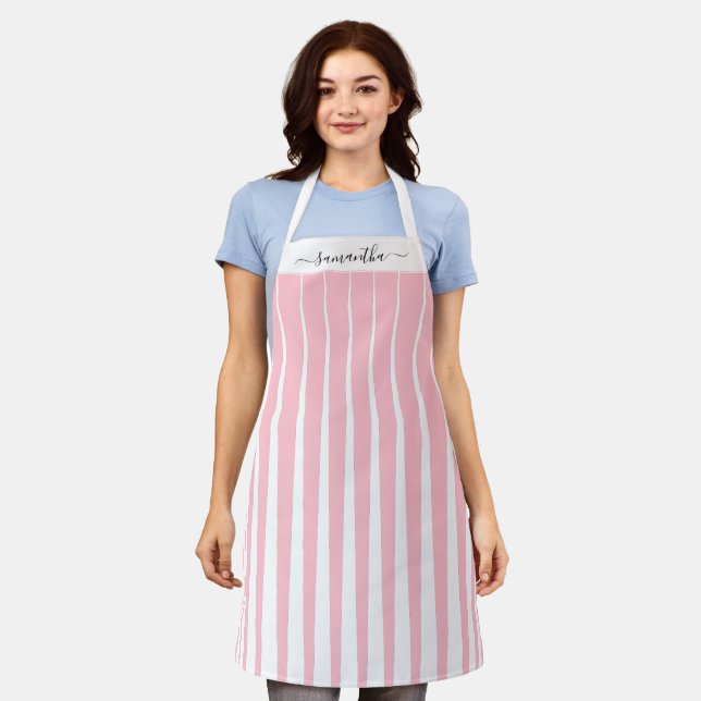 Pink Bubblegum Irregular Vertical Stripes Apron (Worn)