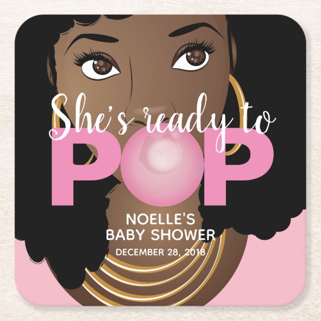 Pink Bubblegum | She's Ready to Pop Square Paper Coaster (Front)