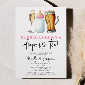 Pink Bubbles Brews and Diapers Too! Baby Shower Invitation