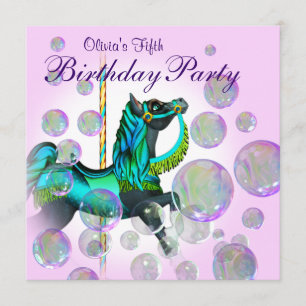 Pink Bubbles Carousel Pony Girls Birthday Party Invitation