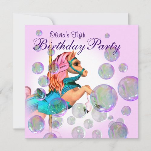 Pink Bubbles Carousel Pony Girls Birthday Party Custom Invitations