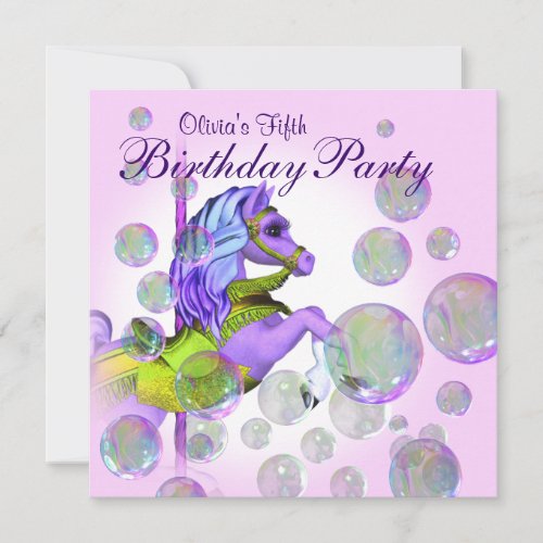 Pink Bubbles Carousel Pony Girls Birthday Party Custom Invitations