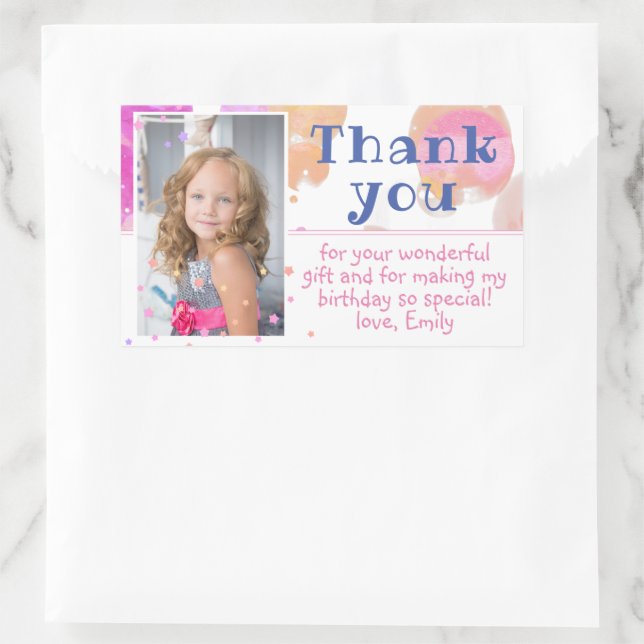 Pink Bubbles Girly Photo Birthday Thank You Rectangular Sticker (Bag)