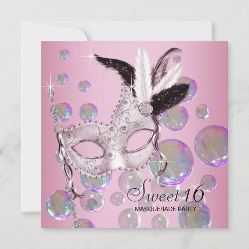 Pink Bubbles Sweet Sixteen Masquerade Party Invites