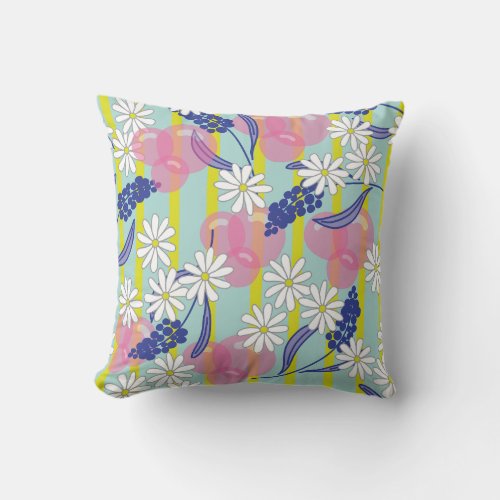 Pink Bubbles White Daisies  Blue Lupines Pillow