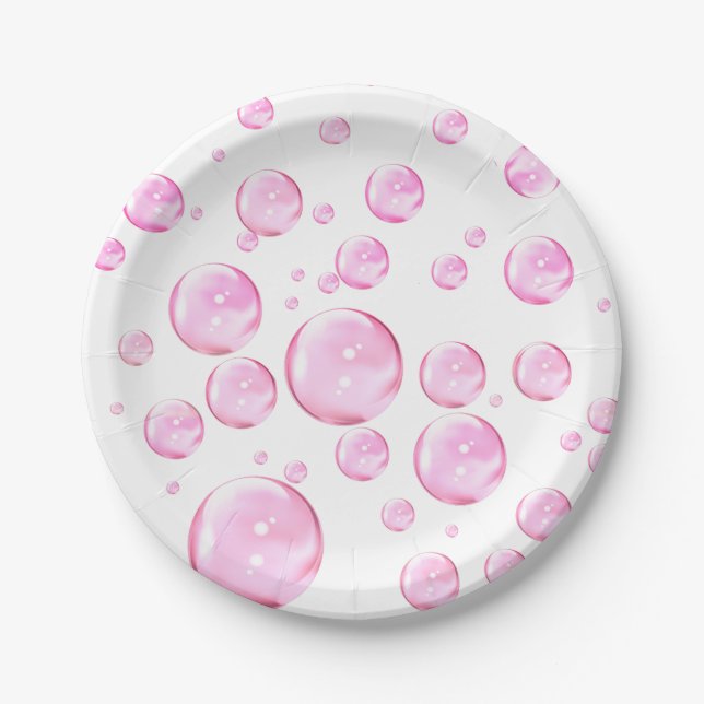 Pink Bubbles White Paper Plates (Front)