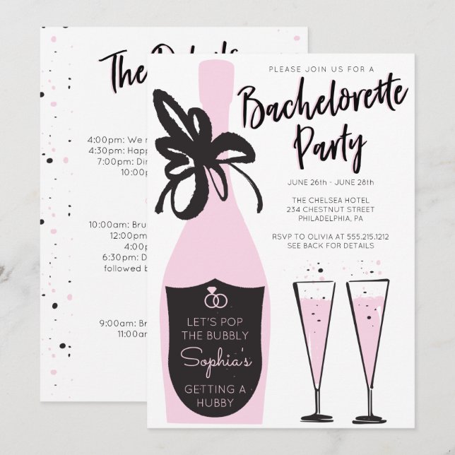 Pink Bubbly Bachelorette Weekend Party Itinerary Invitation (Front/Back)