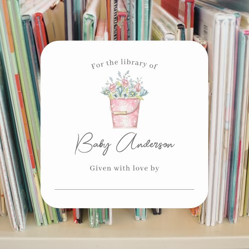 Pink Bucket of Flowers Baby shower bookplate 