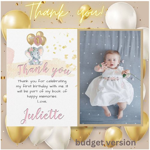 Pink BUDGET Elephant Photo First Birthday Girl Thank You Card