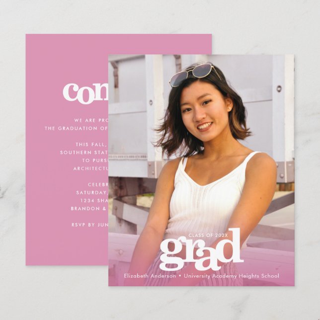 Pink budget graduation photo modern invitation  (Front/Back)