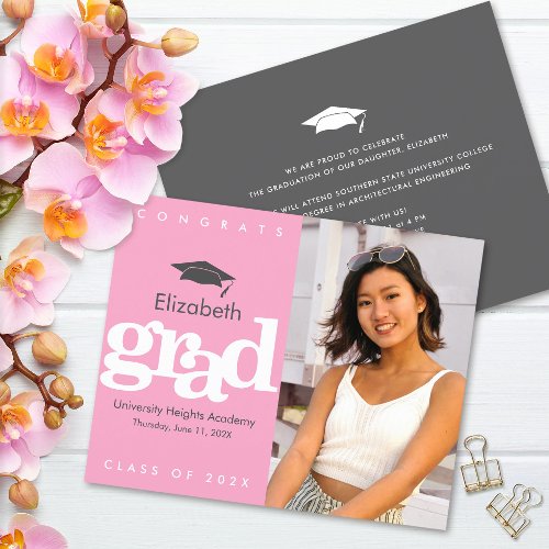 Pink Budget Photo Graduation Cap Bold Invitation 