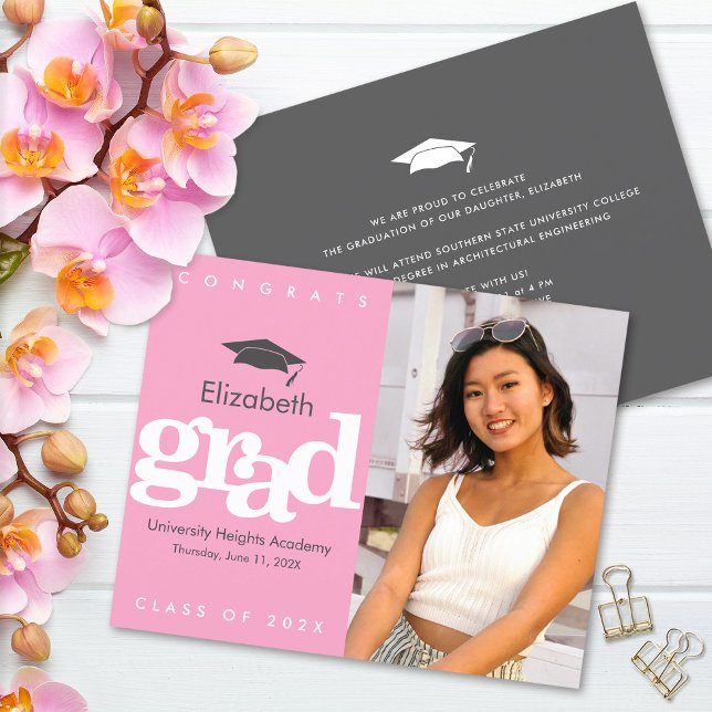 Pink Budget Photo Graduation Cap Bold Invitation  (Creator Uploaded)