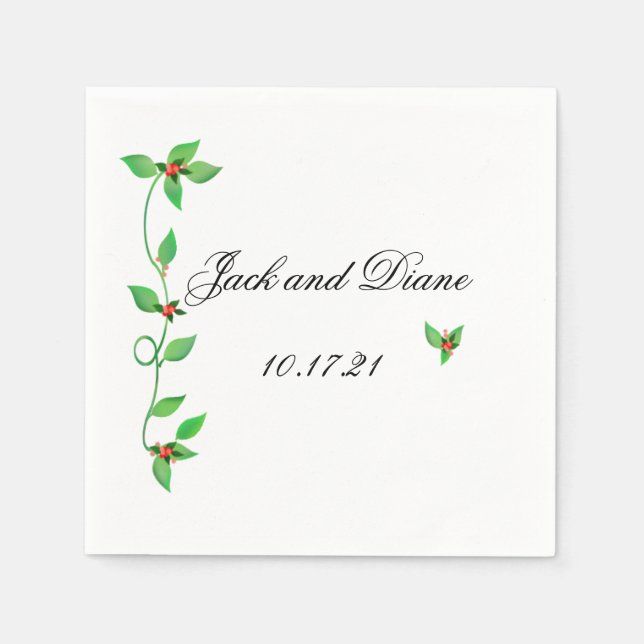 Pink Buds on Green Ivy Wedding Napkins (Front)