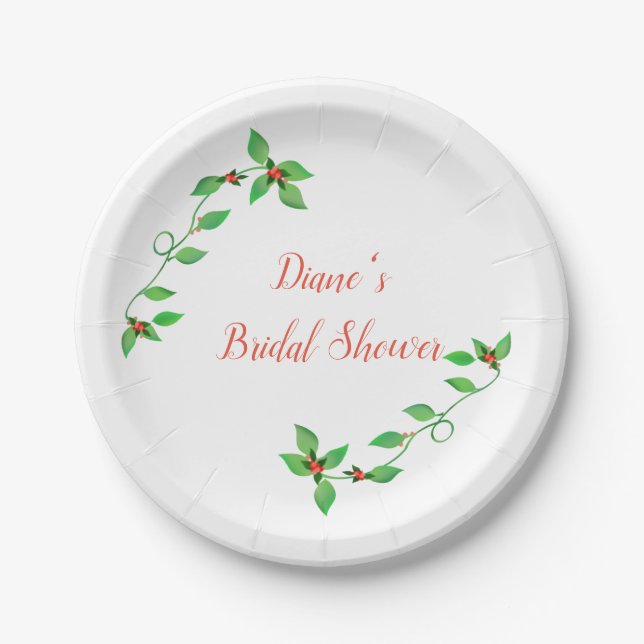 Pink Buds on Green Ivy Wedding Paper Plates (Front)