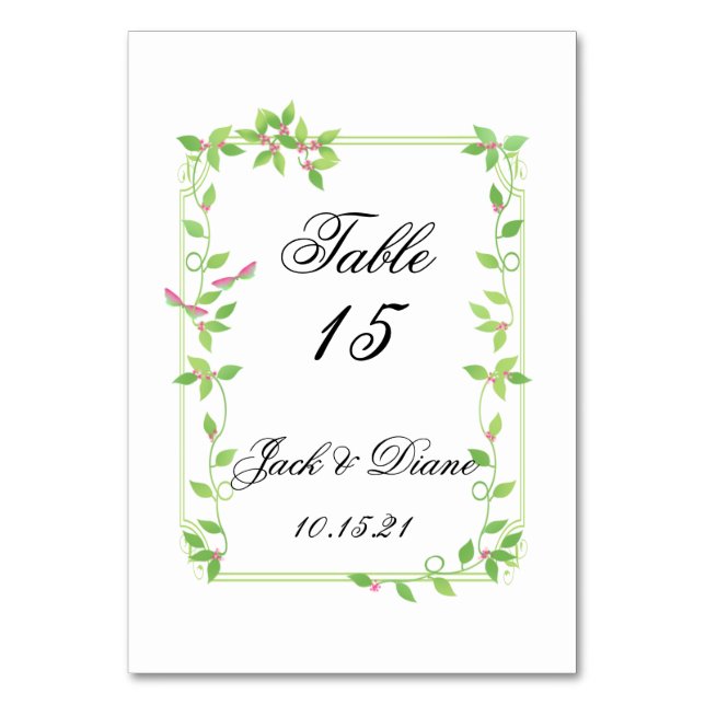 Pink Buds on Green Ivy Wedding Table Number (Front)