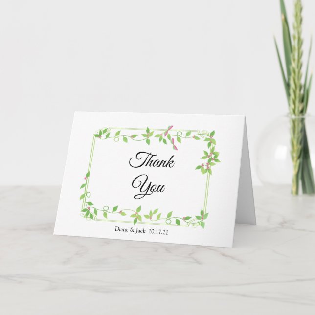 Pink Buds on Green Ivy Wedding Thank You Card (Front)
