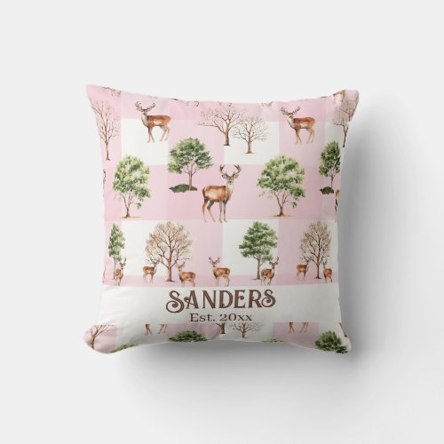 Pink Buffalo Check Forest Deer Customized Family  Throw Pillow