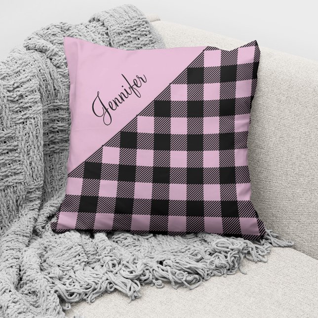 Pink Buffalo Plaid Check Pattern Custom Name Throw Pillow (Creator Uploaded)