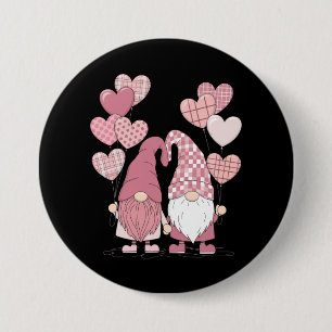 Pink Buffalo Plaid Heart Gnomes Valentine's Day Button
