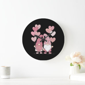 Pink Buffalo Plaid Heart Gnomes Valentine's Day  Large Clock