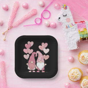Pink Buffalo Plaid Heart Gnomes Valentine's Day  Paper Plates