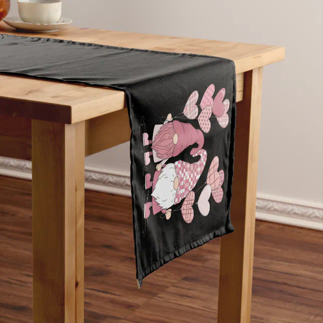 Pink Buffalo Plaid Heart Gnomes Valentine's Day Short Table Runner | Zazzle