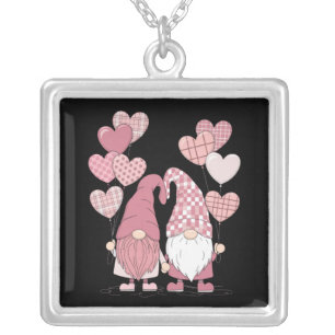 Pink Buffalo Plaid Heart Gnomes Valentine's Day  Silver Plated Necklace