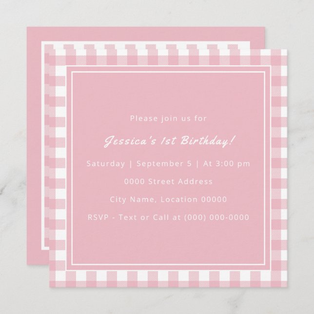 Pink Buffalo Plaid Monogram Birthday Party Invitation (Front/Back)