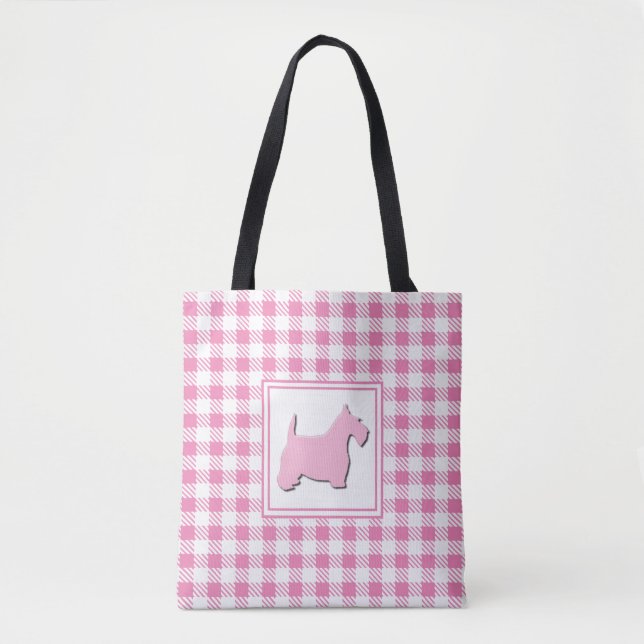 Pink Buffalo Plaid Scottie Dog Tote Bag (Front)