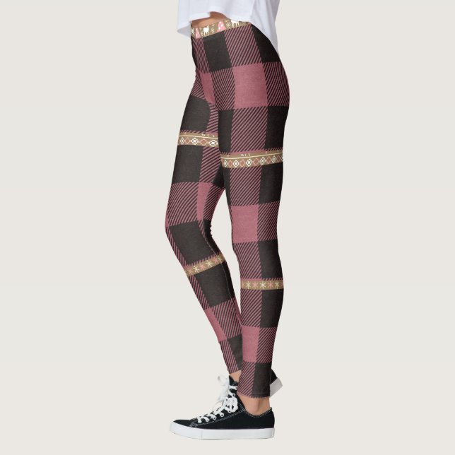 Pink Buffalo Plaid with Nordic Stripes Holiday Leggings (Left)
