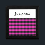 Pink Buffalo Plaid Wooden Jewelry Keepsake Box<br><div class="desc">A bright and elegant keepsake box, for jewelry or other gifts. The lid of this wooden box is decorated with a pink and black buffalo check pattern, and can be personalized with the recipient's name on the white panel. Adding a splash of color to any dressing table, the box makes...</div>