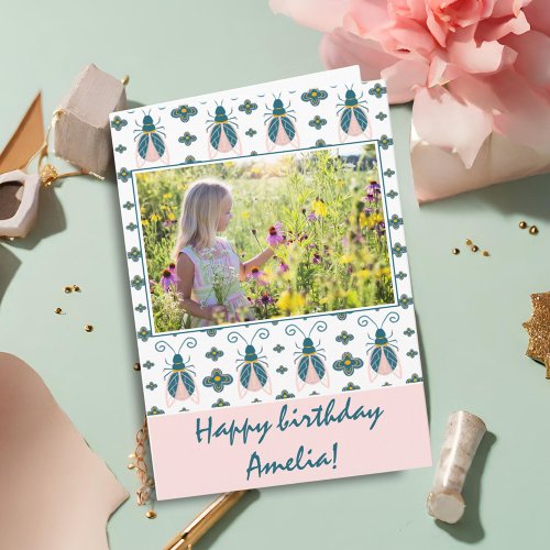 Pink Bugs Flower Pattern Girl Photo Birthday Card