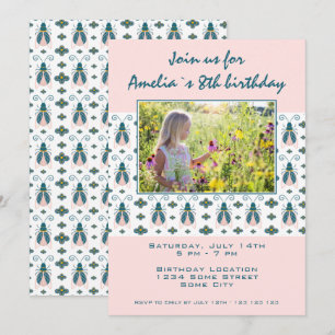 Pink Bugs Flower Pattern Girl Photo Birthday  Invitation