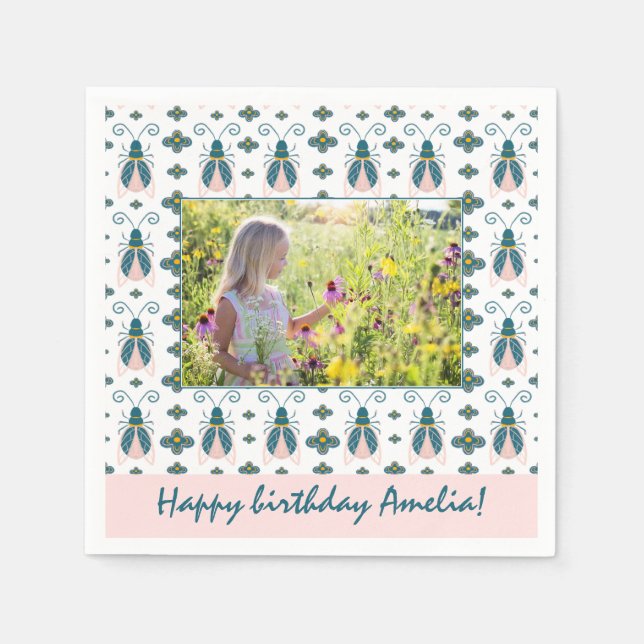 Pink Bugs Flower Pattern Girl Photo Birthday  Napkins (Front)