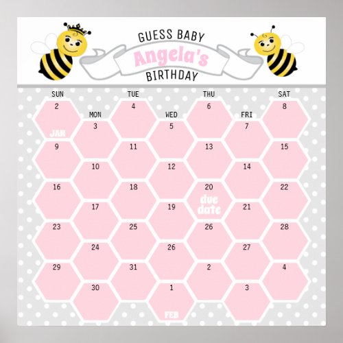 Pink Bumble Bee Baby Birthday Prediction Calendar Poster