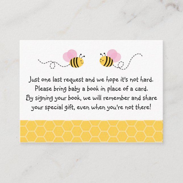Pink Bumble Bee Baby Shower Book Request Cards (Front)