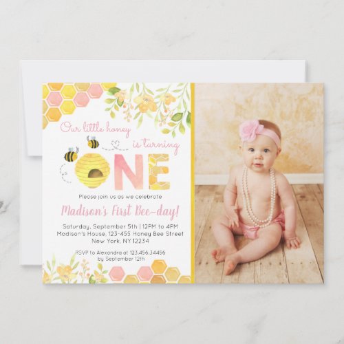 Pink Bumble Bee First Birthday Party Invitation