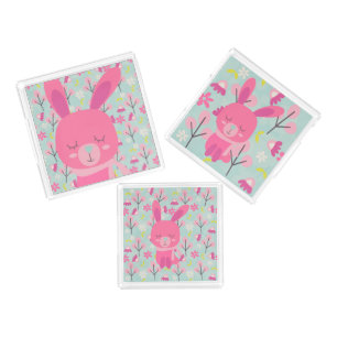 Pink Bunnies and Flowers Acrylic Tray